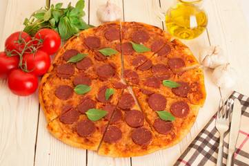 Pepperoni Pizza, wooden background