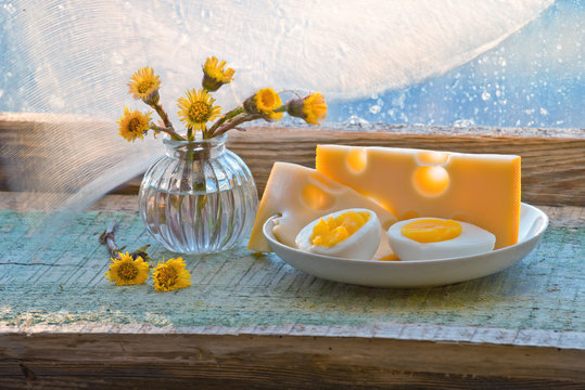 Spring Easter still life in yellow and blue tones.