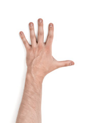 Close up view of a man's hand, isolated on white background