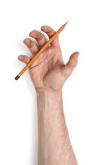 Close up view of man's hand holding pencil isolated on white background