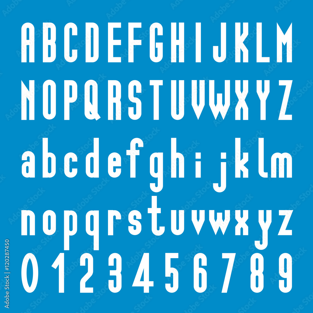 Poster create alphabet vector font design white font on a blue background