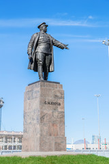 Monument to prominent figure of the Bolshevik Party Kirov before the football stadium on Krestovsky Island in St. Petersburg