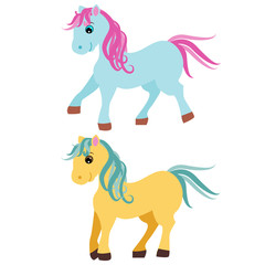 Cute cartoon pony, little horses isolated on white background, vector illustration