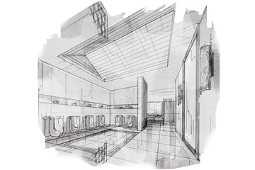 sketch interior perspective stripes toilet, black and white color
