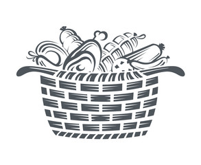 monochrome illustration of basket with various sausages and meat products
