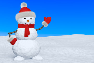 Snowman with scarf on snow pointing to copy-space