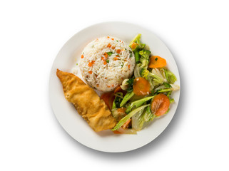 View of fried fish with rice and vegetables on white big plate in white background