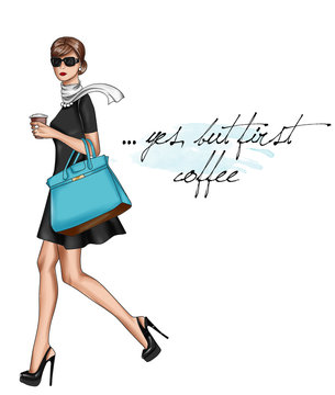 iLLUSTRATION OF A GIRL WALKING WITH A CUP OF COFFEE

