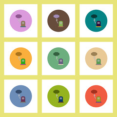 flat icons Halloween set of grave monument and lightning cloud concept on colorful circles