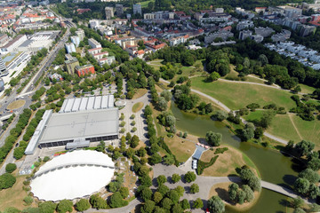 Aerial view of Munich, Germany from the 291 m high Olympic tower (Olympiaturm).