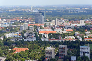 Fototapeta na wymiar Aerial view of Munich, Germany from the 291 m high Olympic tower (Olympiaturm).
