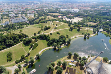 Aerial view of Munich, Germany from the 291 m high Olympic tower (Olympiaturm).
