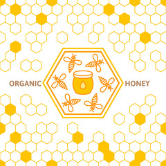 Outline bee vector symbol and seamless background with honeycombs. Organic honey linear logo, label, tags design elements. Concept for honey package, banner, wrapping. Abstract food background.