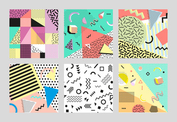 Retro vintage 80s or 90s fashion style. Memphis cards. Trendy geometric elements. Modern abstract design poster, cover, card design. Vector illustration. Big set.