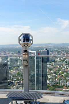 Coin operated binocular on the top of the Main Tower in Frankfurt Am Main, Germany.