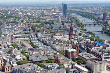 Aerial view of Frankfurt from the observatory deck of the Mian tower. Frankfurt is the largest financial centre in continental Europe.