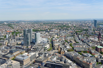 Fototapeta na wymiar Aerial view of Frankfurt from the observatory deck of the Mian tower. Frankfurt is the largest financial centre in continental Europe.