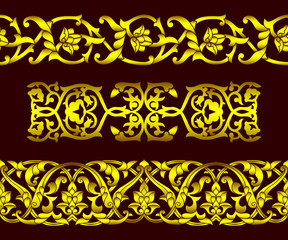 Set of seamless golden patterns and floral elements in ethnic national style of Uzbekistan, Asia. Vector illustration.