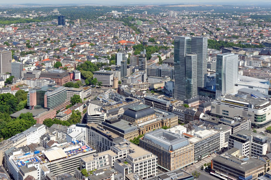 Aerial view of Frankfurt from the observatory deck of the Mian tower. Frankfurt is the largest financial centre in continental Europe.