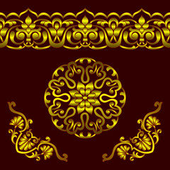 Vector set of golden patterns in ethnic national style of Uzbekistan, Central Asia. Tape seamless floral, round and angular elements.