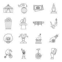 Fototapeta premium Circus entertainment icons set in outline style. Circus animals and characters set collection vector illustration