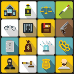 Crime and punishment icons set in flat style. Law and order set collection vector illustration