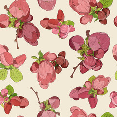 Spring blossom pink flowers pattern background. Drawn beautiful fruit blooming