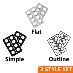 Pills in package icons set in flat, simple and outline style isolated on white background. Treatment and medicine symbol vector illustration