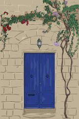 Fototapeta premium doorHand drawn blue door with lamp. Stone wall with climbing tree. Home stone porch