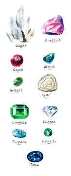 Collection of different gems - quartz, amethyst, garnet, apatite, nephritis, agate, emerald, diamond, turquoise, malachite, topaz