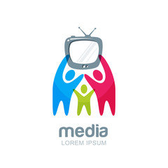 Abstract happy people with tv, vector logo, icon, emblem design template. Kids or family television concept. Media and television broadcast.