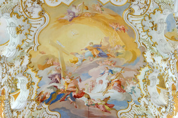 Fresco in Pilgrimage Church Wieskirche, a rococo church,designed in 1740s by Dominikus Zimmermann. A UNESCO World Heritage List in 1983.