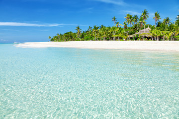 Traumhafter türkisfarbener Strand mit Palmen und weißem Sand