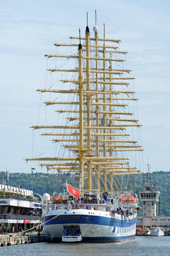 Five-masted Royal Clippers sailing ship owned by Star Clippers at the passenger terminal docks of the harbor in Varna, Bulgaria.
