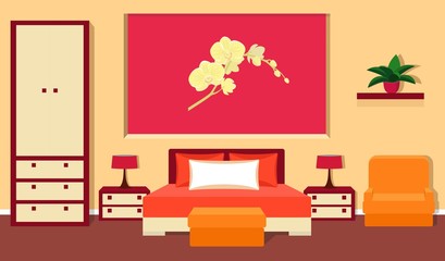 Bedroom interior in red and orange colors. Vector illustration.