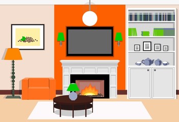 Interior living room with a fireplace. Vector illustration.