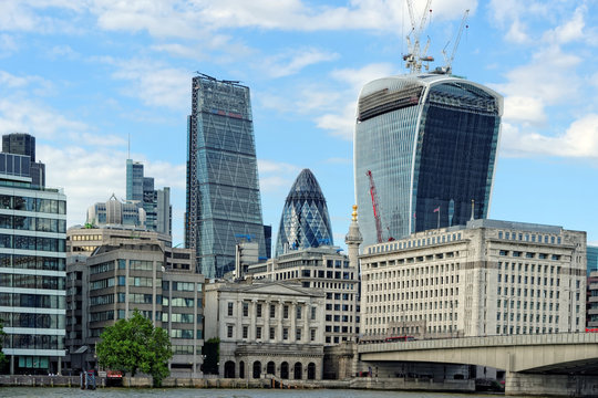 London skyline seen from the Thames river, London, UK.
