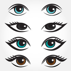 Eye vector set. Man, asian, caucasian and brunette woman eyes.