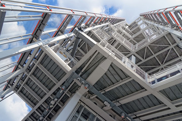 View towards the very top of the Shard Building from the open-air viewing platform.