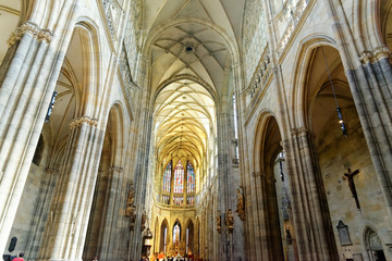 Interior of the St. Vitus Cathedral. The cathedral is the seat of the Archbishop of Prague and is the biggest and most important church in the country.