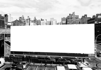 Big blank billboard in New York City. Black and white. Copy space