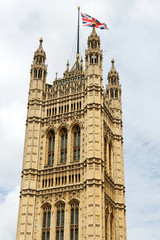 Fototapeta na wymiar Victoria Tower (Charles Barry design) - largest and tallest tower of Palace of Westminster. Palace of Westminster (or Houses of Parliament) located in City of Westminster, London.