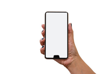 hand holding whitephone isolated on black clipping path inside