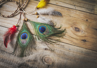 peacock feather on wood texture background
