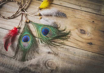 Tableaux sur verre Paon peacock feather on wood texture background