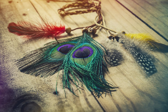 Fototapeta peacock feather on wood texture background