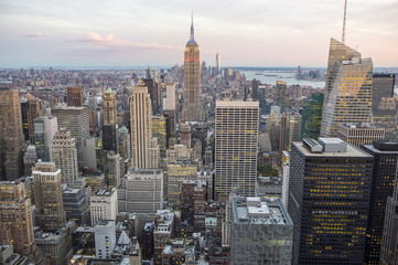 View of Midtown Manhattan New York City skyline in the soft light of dusk