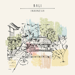Bali museum in Denpasar, capital of Bali province, Indonesia, Southeast Asia.  Traditional Balinese architecture. Hand drawing. Travel sketch. Book illustration, postcard or poster