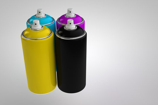Spray can on light background. CMYK cyan magenta yellow black. 3D render cans.