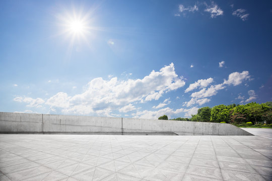 landscape of hill from empty brick floor